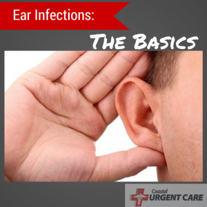 man holding ear, text reading "Ear Infections: The Basics"