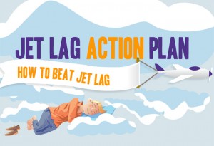 text reading "Jet Lag Action Plan" against man sleeping in clouds design