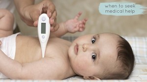 baby laying next to thermometer, text reading "when to seek help"
