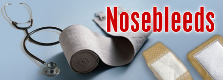 desk covered in bandages and stethoscope, text reading "Nosebleeds"
